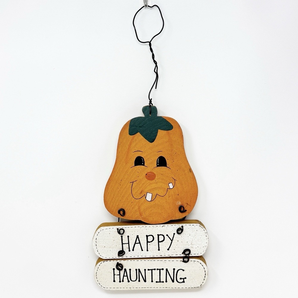 VTG Hanging Wooden Pumpkin Wall Decor Happy Haunting Spell‎ Out Fall Halloween